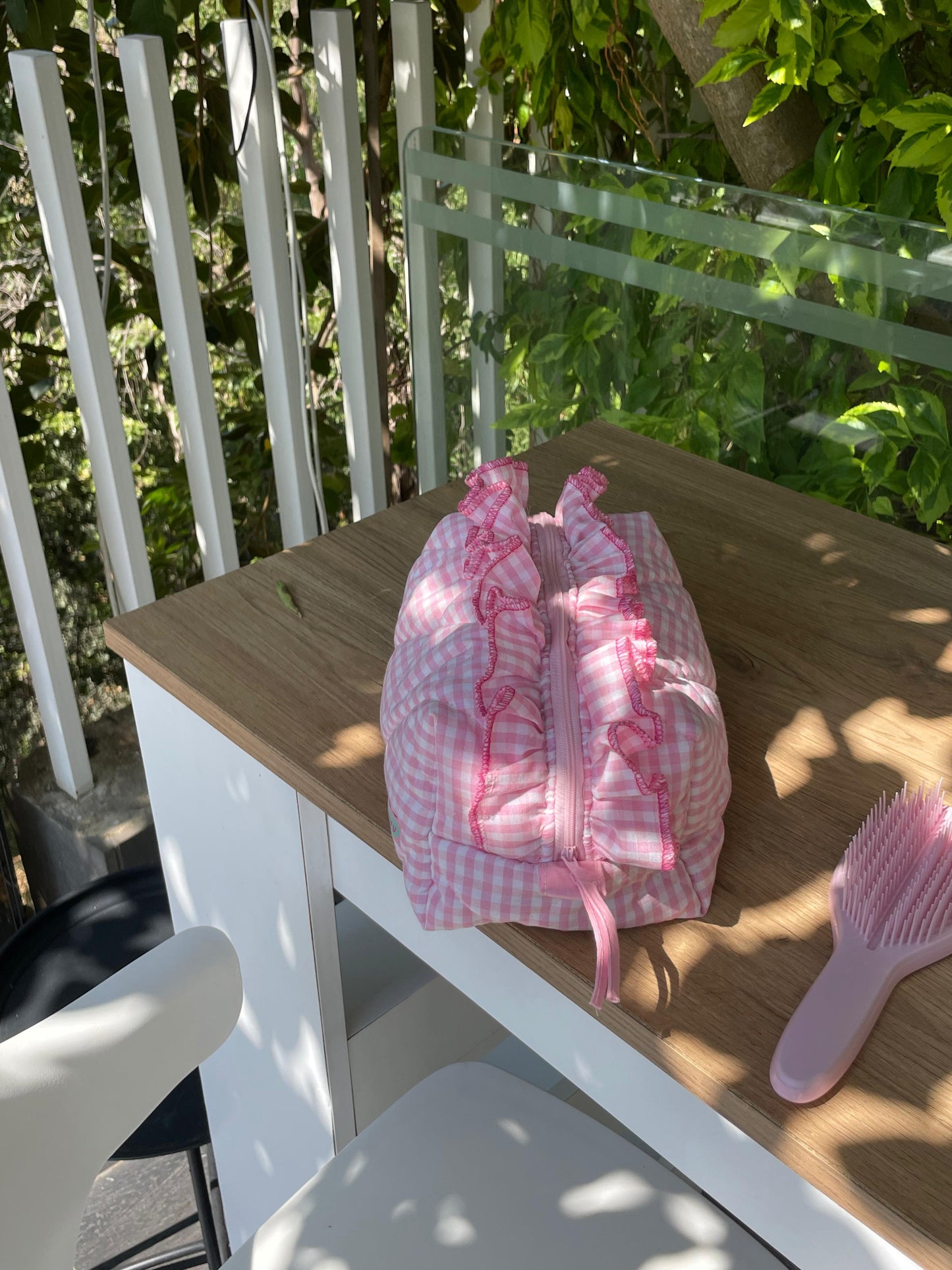 Baby pink gingham Pouch w ruffles